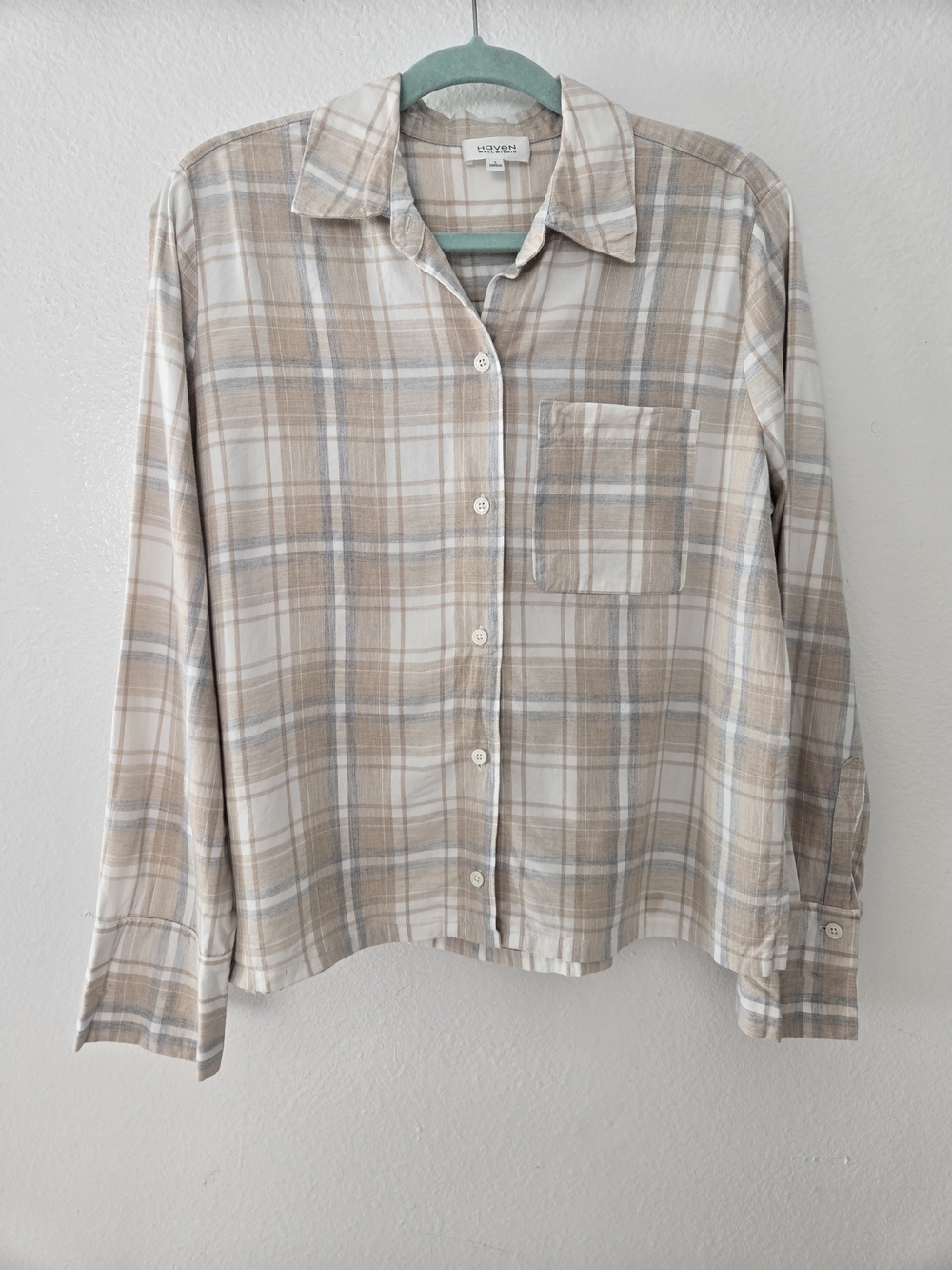 Haven Well Within Women’s Light Beige Plaid Pajama Top- Cozy Button-Front Size S